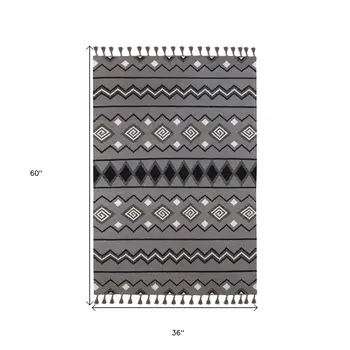 3' X 5' Gray White And Black Wool Tribal Flatweave Handmade Area Rug With Fringe