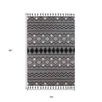 5' X 8' Gray White And Black Wool Tribal Flatweave Handmade Area Rug With Fringe