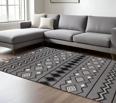 8' X 10' Gray White And Black Wool Tribal Flatweave Handmade Area Rug With Fringe