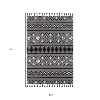 8' X 10' Gray White And Black Wool Tribal Flatweave Handmade Area Rug With Fringe
