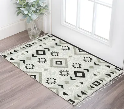 3' X 5' Silver Black And Gray Wool Tribal Flatweave Handmade Area Rug With Fringe