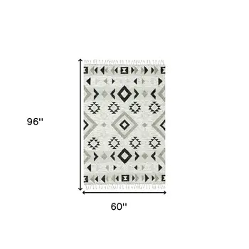 5' X 8' Silver Black And Gray Wool Tribal Flatweave Handmade Area Rug With Fringe