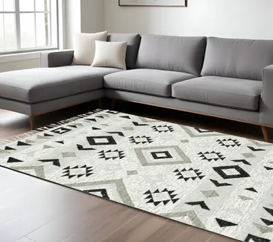 8' X 10' Silver Black And Gray Wool Tribal Flatweave Handmade Area Rug With Fringe