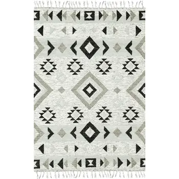 9' X 12' Silver Black And Gray Wool Tribal Flatweave Handmade Area Rug With Fringe