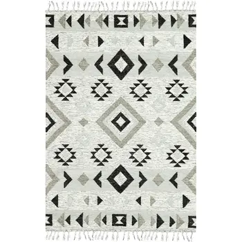 9' X 12' Silver Black And Gray Wool Tribal Flatweave Handmade Area Rug With Fringe
