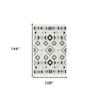 9' X 12' Silver Black And Gray Wool Tribal Flatweave Handmade Area Rug With Fringe