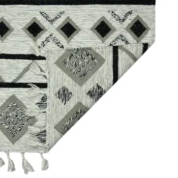 8' X 10' Ivory Gray And Black Wool Tribal Flatweave Handmade Area Rug With Fringe