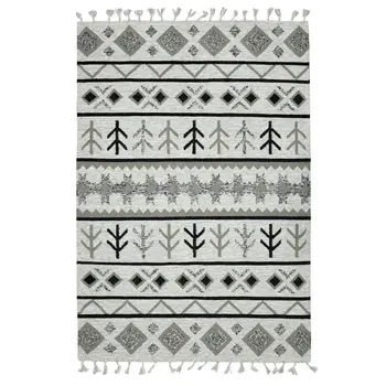 8' X 10' Ivory Gray And Black Wool Tribal Flatweave Handmade Area Rug With Fringe