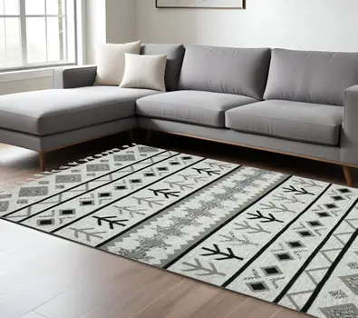 9' X 12' Ivory Gray And Black Wool Tribal Flatweave Handmade Area Rug With Fringe