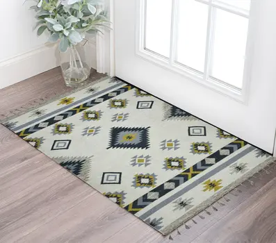 3' X 5' Ivory Blue And Gray Wool Tribal Flatweave Handmade Area Rug With Fringe