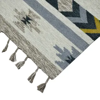 3' X 5' Ivory Blue And Gray Wool Tribal Flatweave Handmade Area Rug With Fringe