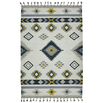 3' X 5' Ivory Blue And Gray Wool Tribal Flatweave Handmade Area Rug With Fringe