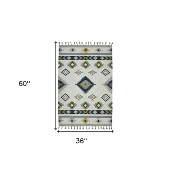 3' X 5' Ivory Blue And Gray Wool Tribal Flatweave Handmade Area Rug With Fringe