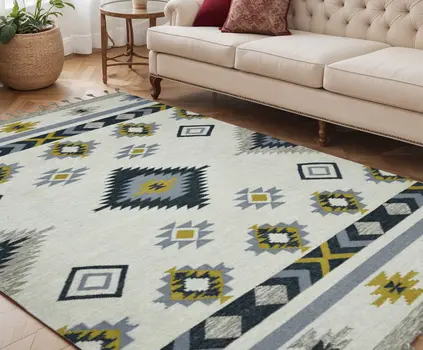 5' X 8' Ivory Blue And Gray Wool Tribal Flatweave Handmade Area Rug With Fringe