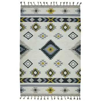 5' X 8' Ivory Blue And Gray Wool Tribal Flatweave Handmade Area Rug With Fringe