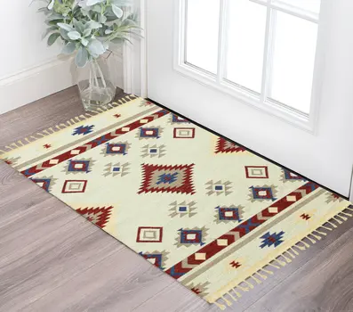 3' X 5' Red Blue And Beige Wool Tribal Flatweave Handmade Area Rug With Fringe