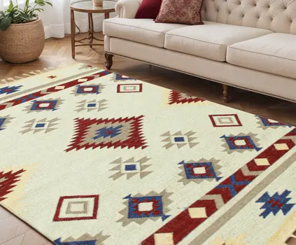 5' X 8' Red Blue And Beige Wool Tribal Flatweave Handmade Area Rug With Fringe