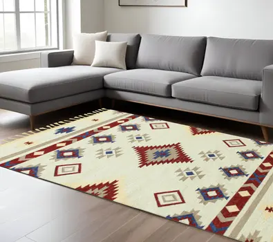 8' X 10' Red Blue And Beige Wool Tribal Flatweave Handmade Area Rug With Fringe
