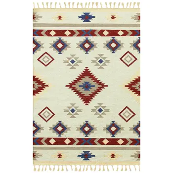 8' X 10' Red Blue And Beige Wool Tribal Flatweave Handmade Area Rug With Fringe