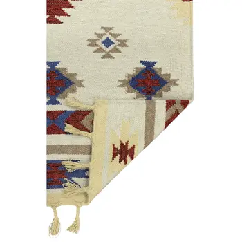 8' X 10' Red Blue And Beige Wool Tribal Flatweave Handmade Area Rug With Fringe