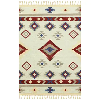 8' X 10' Red Blue And Beige Wool Tribal Flatweave Handmade Area Rug With Fringe