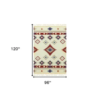 8' X 10' Red Blue And Beige Wool Tribal Flatweave Handmade Area Rug With Fringe