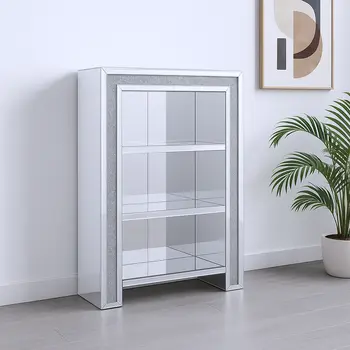 47" Silver And Clear Mirrored Glass And Faux Crystal Bling Accent Cabinet