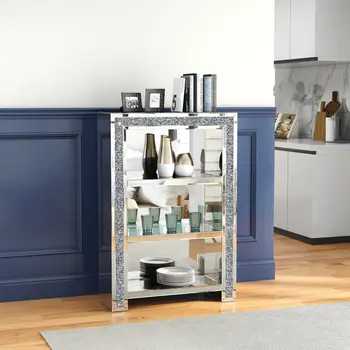 47" Silver And Clear Mirrored Glass And Faux Crystal Bling Accent Cabinet