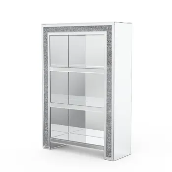 47" Silver And Clear Mirrored Glass And Faux Crystal Bling Accent Cabinet