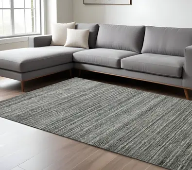 9' X 12' Dark Gray And Ivory Wool Striped Hand Woven Area Rug