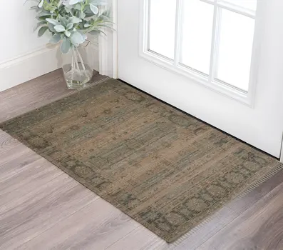 2' X 3' Brown And Dark Gray Oriental Hand Woven Area Rug With Fringe