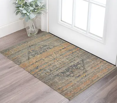 2' X 3' Beige Brown And Gray Oriental Hand Woven Area Rug With Fringe