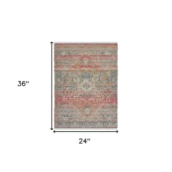 2' X 3' Blue Orange And Pink Oriental Hand Woven Area Rug With Fringe