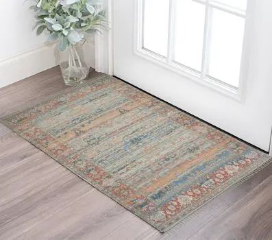 2' X 3' Blue Brick Red And Ivory Oriental Hand Woven Area Rug With Fringe