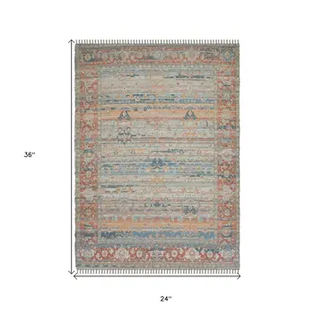 2' X 3' Blue Brick Red And Ivory Oriental Hand Woven Area Rug With Fringe