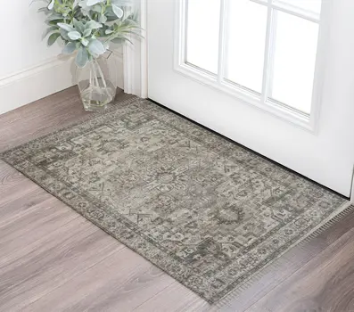 2' X 3' Gray And Dark Gray Oriental Hand Woven Area Rug With Fringe