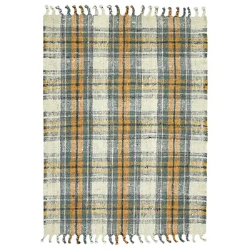 2' X 3' Orange Green And Ivory Jute Plaid Hand Woven Area Rug With Fringe