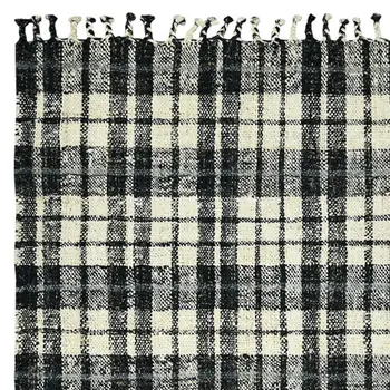 2' X 3' Black And Ivory Jute Plaid Hand Woven Area Rug With Fringe