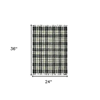 2' X 3' Black And Ivory Jute Plaid Hand Woven Area Rug With Fringe