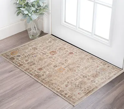 2' X 3' Ivory And Brown Floral Medallion Area Rug With Fringe