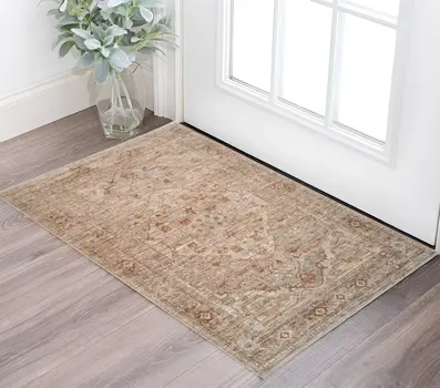 2' X 3' Beige And Brown Floral Medallion Area Rug With Fringe