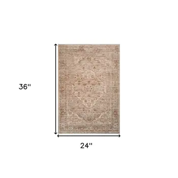 2' X 3' Beige And Brown Floral Medallion Area Rug With Fringe