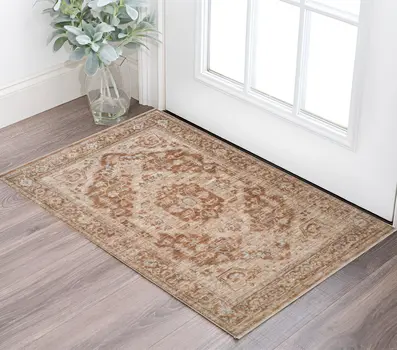 2' X 3' Sand And Brown Floral Medallion Area Rug With Fringe