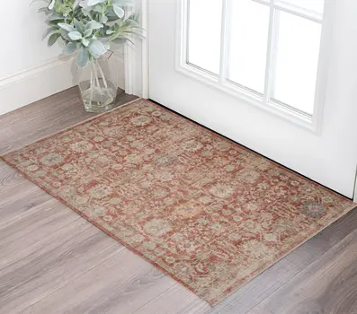 2' X 3' Brick Red And Gray Floral Medallion Area Rug With Fringe
