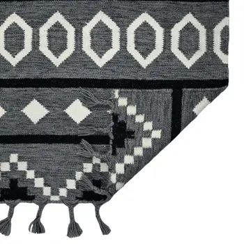 2' X 3' Gray White And Black Wool Tribal Flatweave Handmade Area Rug With Fringe