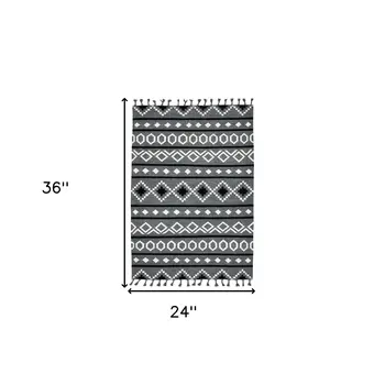 2' X 3' Gray White And Black Wool Tribal Flatweave Handmade Area Rug With Fringe