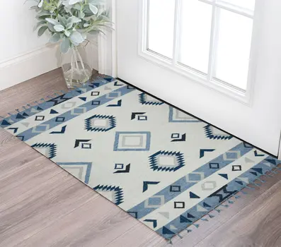 2' X 3' Sky Blue Gray And Black Wool Tribal Flatweave Handmade Area Rug With Fringe