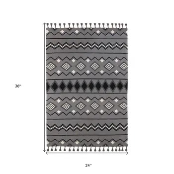 2' X 3' Gray White And Black Wool Tribal Flatweave Handmade Area Rug With Fringe