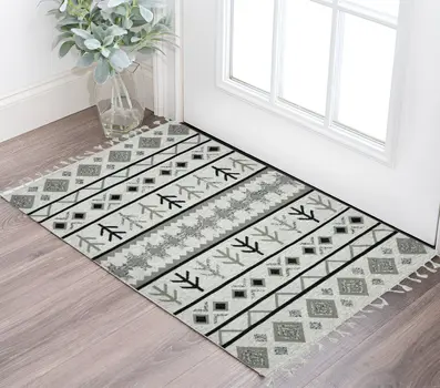 2' X 3' Ivory Gray And Black Wool Tribal Flatweave Handmade Area Rug With Fringe