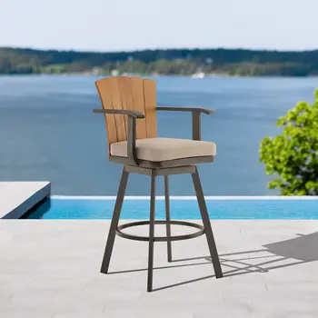 44" Brown Metal Swivel Outdoor Bar Height chair with Footrest